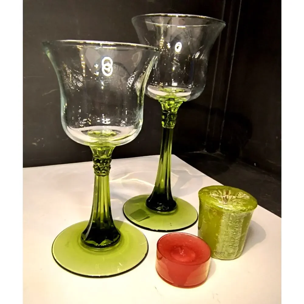 1866.  Set of Two Partylite Stemmed Olive Green Candle Holders - Picture 3 of 7